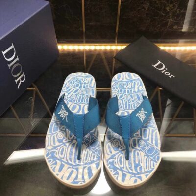 Dép nam Dior siêu cấp xỏ ngón họa tiết quai xanh logo trắng DDR25