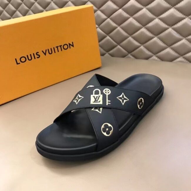 Dép nam Louis Vuitton siêu cấp quai chéo họa tiết hình khóa logo DLV72
